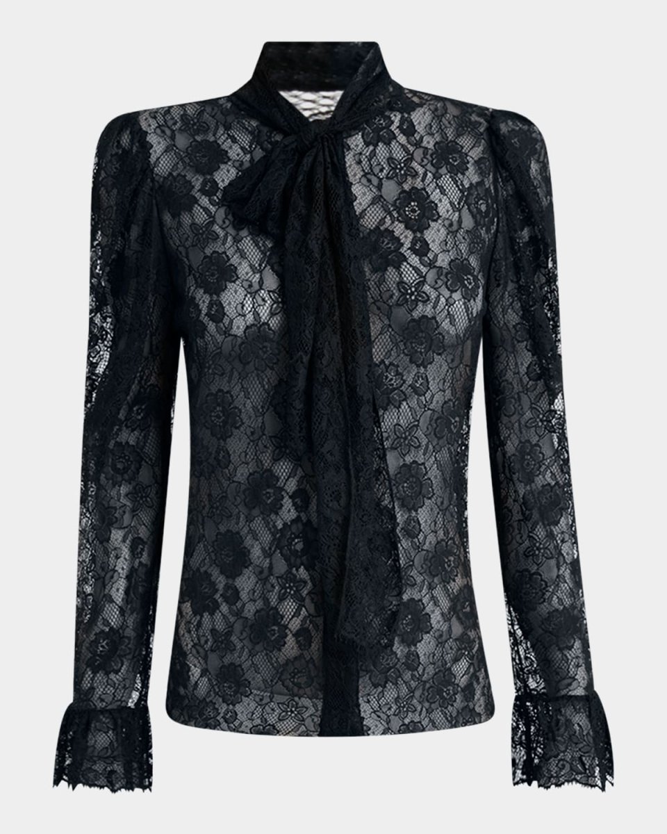 Tie-Neck Lace Button-Down Blouse